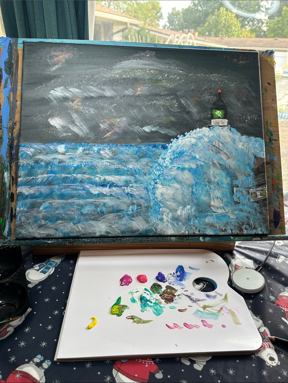Stormy Coastal Lighthouse Painting in Blue, Black and Green